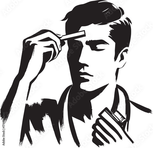 Monochrome illustration of a man grooming eyebrows in minimalist style