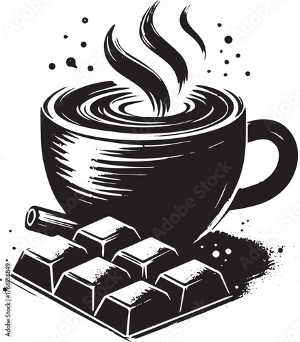 Stylized icon featuring hot chocolate mug, chocolate bar and cinnamon stick