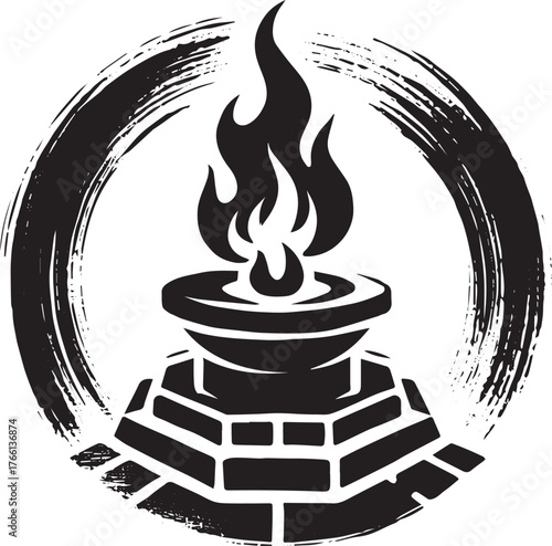 Sacred brazier icon in sumi-e style, stylized fire pit, black ink logo