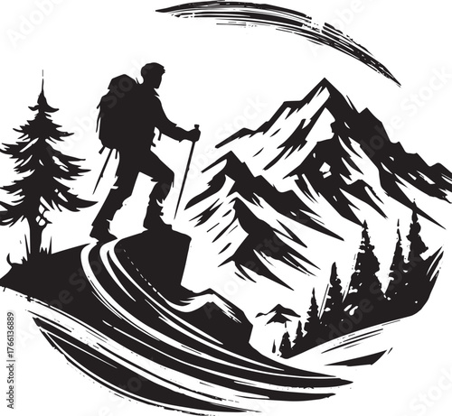 Monochrome vista hiker conquering mountainous terrains in simple design