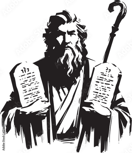 Monochrome depiction of a patriarchal figure holding stone tablets