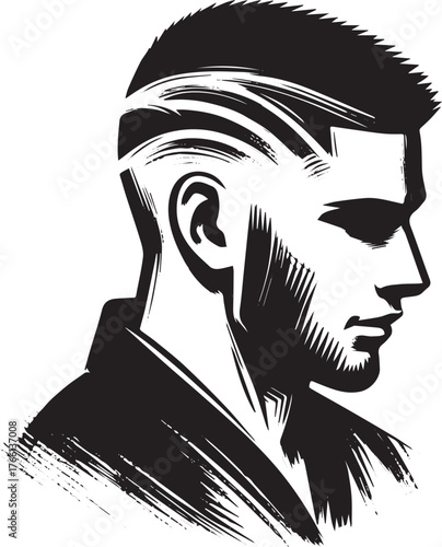 Sumi-e man styling his hair with precise brush strokes illustration