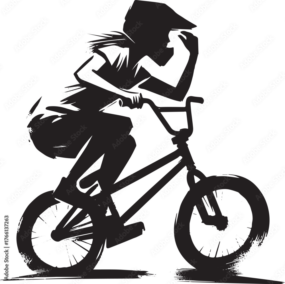 Fototapeta premium Dynamic Ink Illustration: Female BMX Athlete in Action Silhouette Portrait