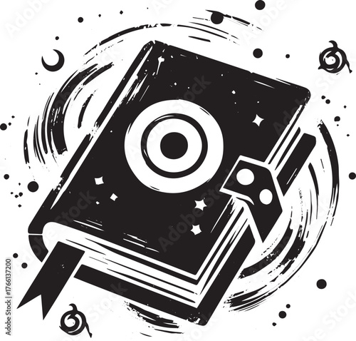 Enigmatic tome illustration in minimalist ink wash style, simple book logo design