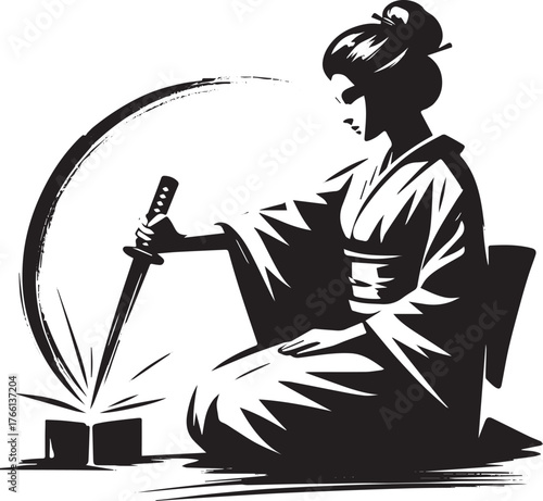 Zenith Dagger: A poised woman executes a ritual in graceful sumi-e style