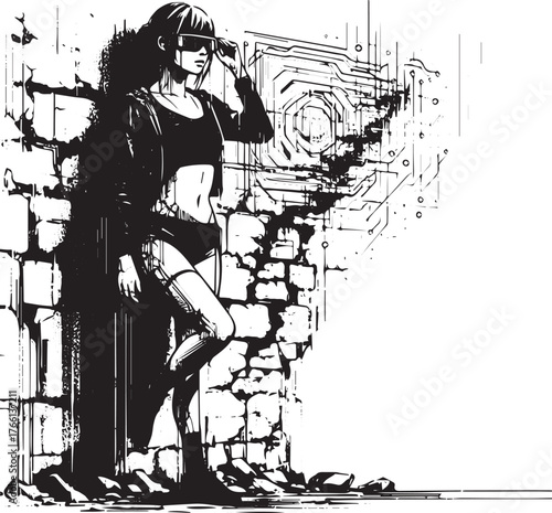 Futuristic explorer: woman with holographic glasses in a crumbling cityscape