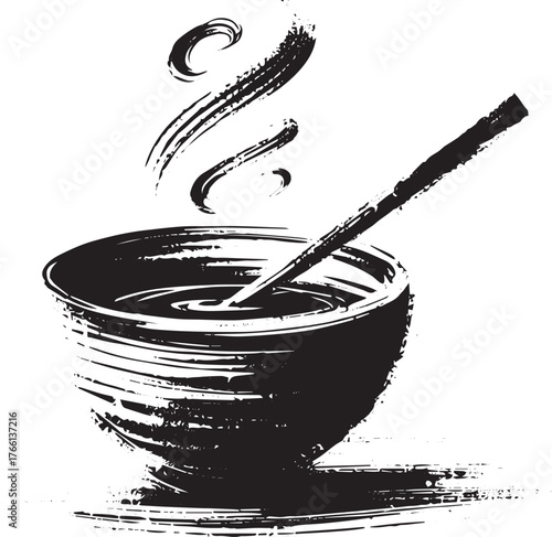 Sumi-e Style Illustration of Warm Beverage Bowl with Rising Steam and Spoon