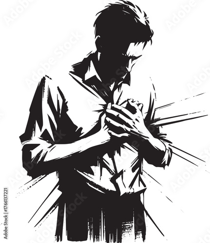 Monochrome man conveying profound emotion with hands over his heart