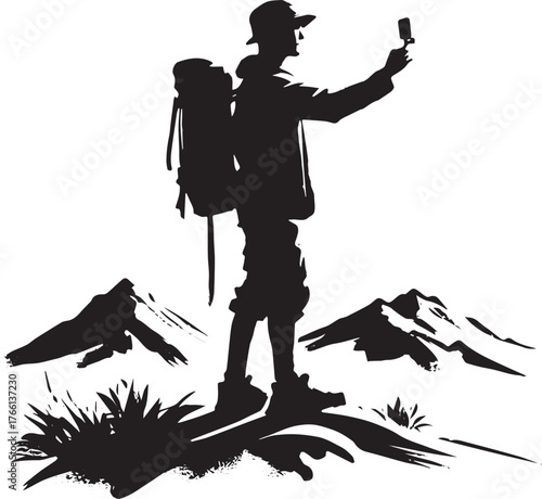 Minimalist sumi-e illustration of a traveler capturing scenic mountain vista