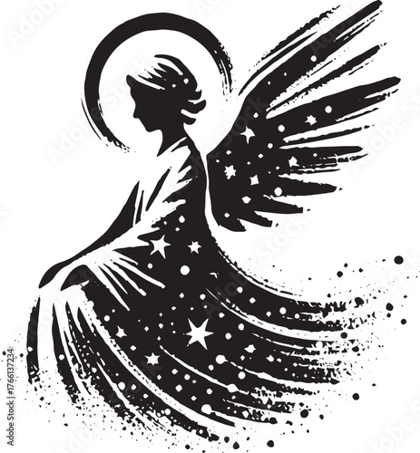 Celestial guardian: Ink wash angel with starlight wings and heavenly glow