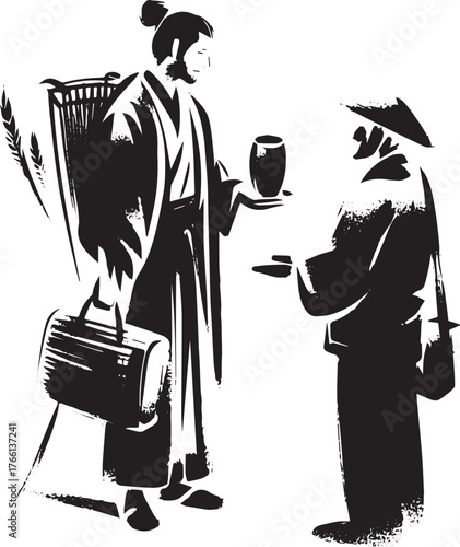 Minimalist sumi-e illustration featuring a traveler engaging with a local villager