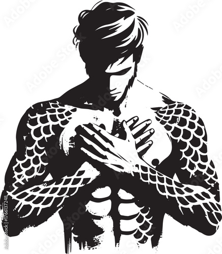 Monochrome illustration of a muscular man with abstract scale patterns