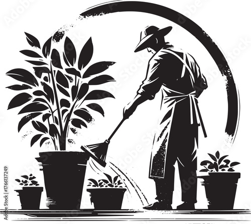 Monochrome Illustration of Gardener Tending Potted Plants with Zen Style
