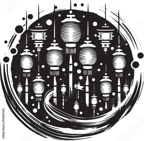 Elegant Black and White Sumi-e Illustration of Traditional Japanese Lanterns