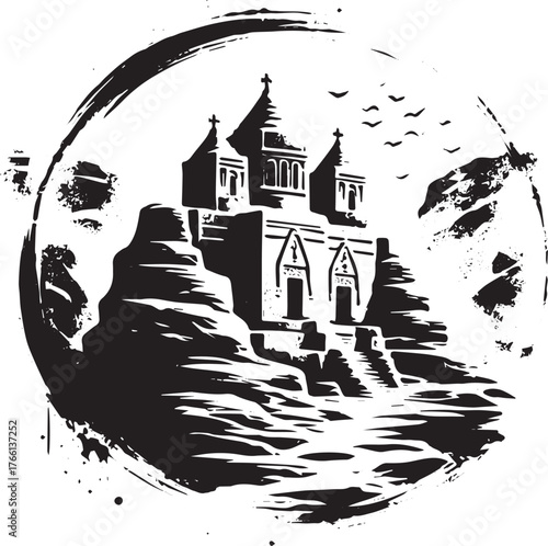 Ethiopian Churches icon in minimalist sumi-e style, cultural landmark representation