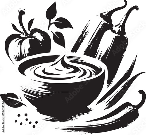 Minimalist sumi-e illustration of a bowl of dip with fresh vegetables