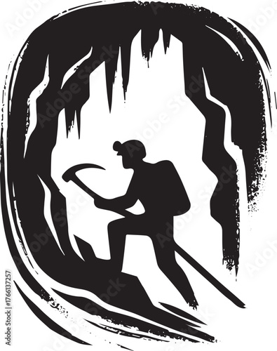 Minimalist Sumi-e Style Caving Icon with Caver Silhouette and Pickaxe