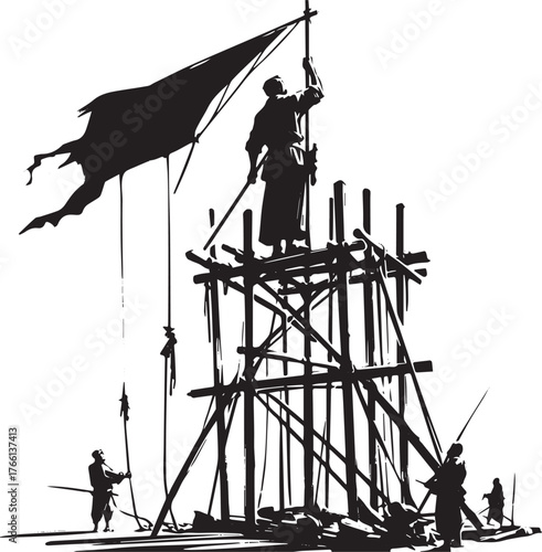 Erecting a signal: Sumi-e artwork of men constructing a coastal watchtower