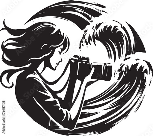 A monochrome illustration of a woman photographer capturing dynamic waterscape