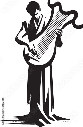 Monochrome minimalist illustration of a musician playing the lyre in sumi-e style
