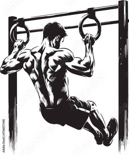 Powerful monochromatic illustration of athlete performing ring dips with muscular definition