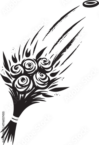 Elegant monochrome bouquet toss icon in sumi-e art style for wedding themes