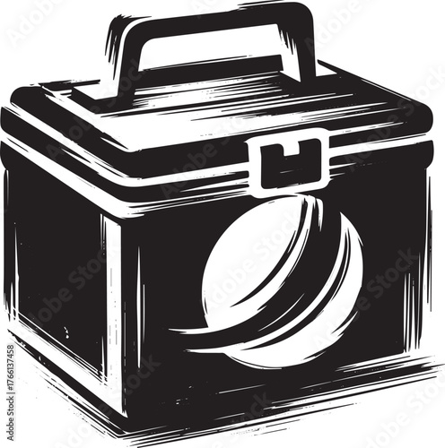 Hand-drawn monochrome illustration of a lunch box with decorative element