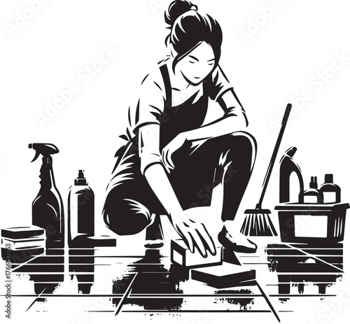 Monochrome Illustration: Woman Scrubbing Tiles Surrounded by Cleaning Supplies