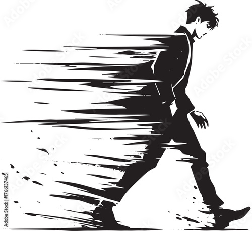 An intriguing monochrome illustration of a man striding away leaving disruption