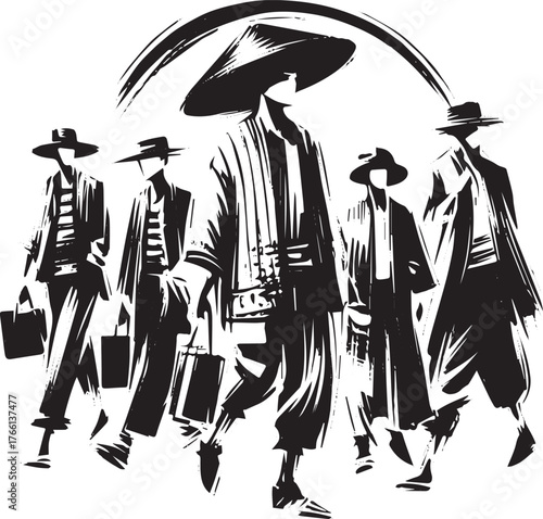 Ink-style Fashion Illustration: A group of stylish figures in minimalist design