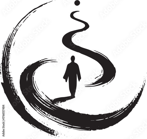 Minimalist Symbol of Spiritual Journey, Path to Enlightenment in Sumi-e Style