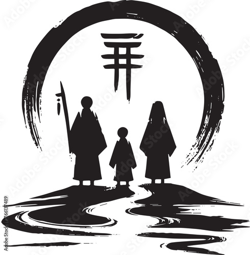 Family Journey in Sumi-e Style, Exploring New Horizons Together Concept