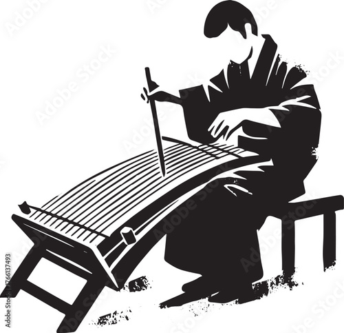 Monochrome illustration of a musician playing a stringed instrument