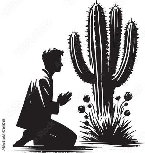 Monochrome sumi-e illustration depicting a man kneeling by a cactus plant