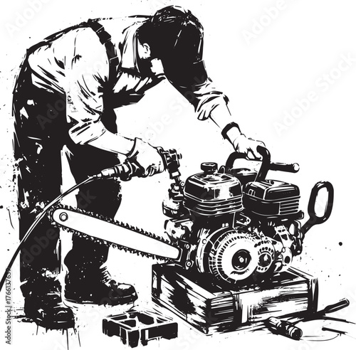Monochrome graphic: A craftsman reassembles a chainsaw engine with precision