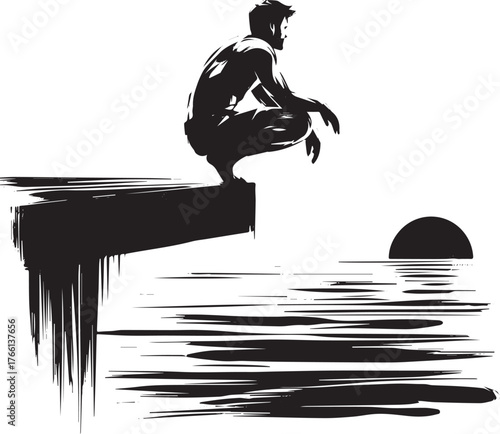 Ink wash illustration of a man contemplating the horizon near tranquil water