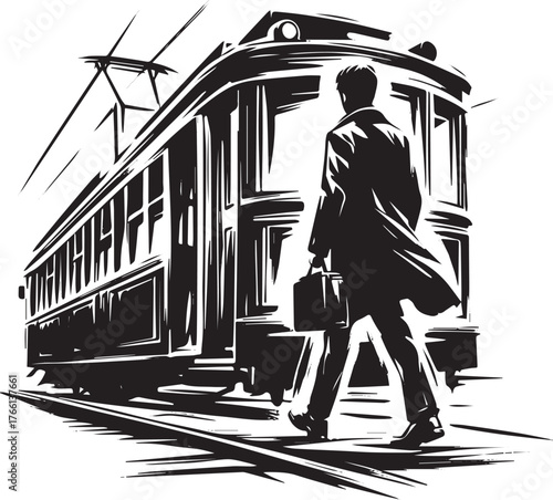 Stylized illustration of a man exiting a trolley car with a briefcase