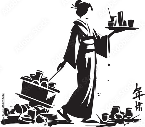 Sumi-e styled illustration of a woman collecting used tableware with grace