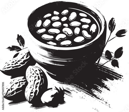 Monochrome sumi-e illustration of Sierra Leonean Groundnut Soup artwork