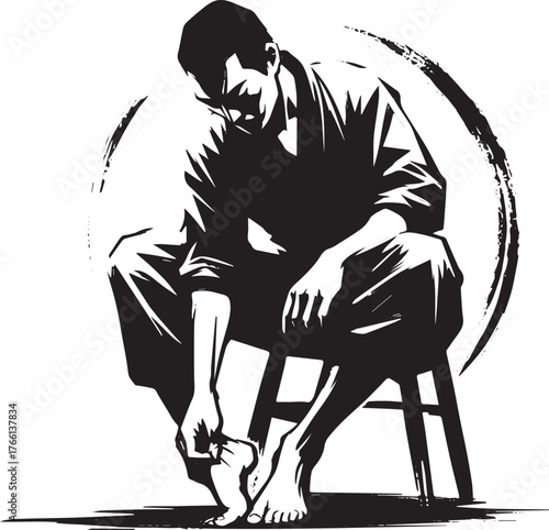Sumi-e style monochrome illustration of a seated, barefoot man examining his foot