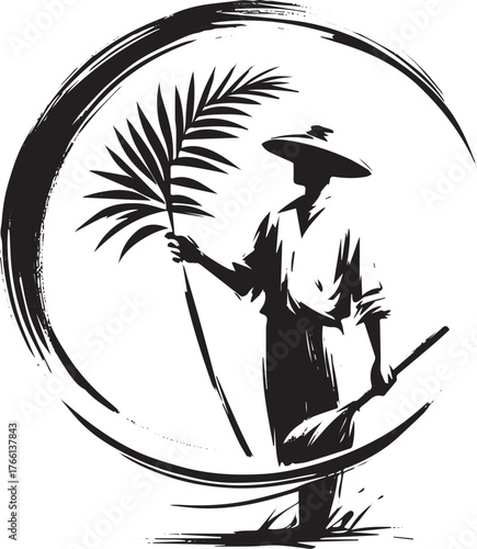Sumi-e depiction of a farmer with palm leaf in serene agricultural scene
