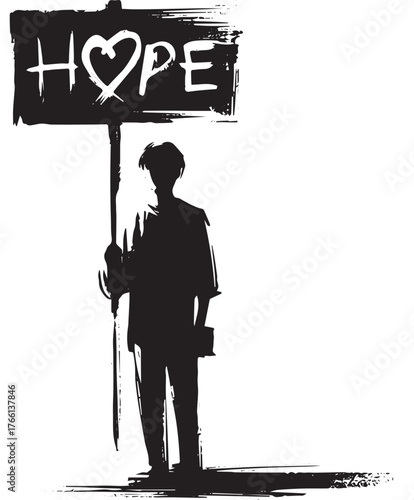 Silhouette of a person holding a sign with the word hope and heart