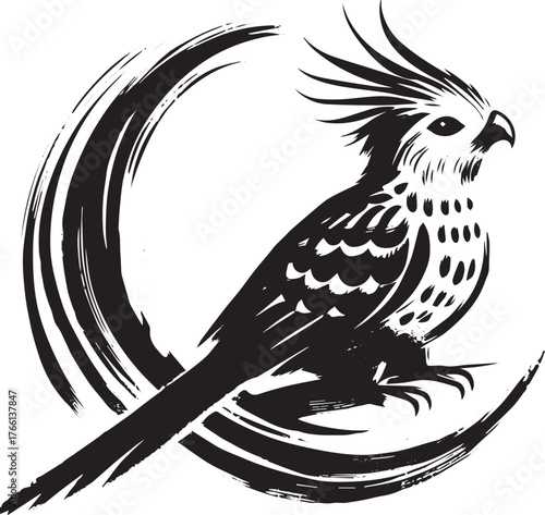 Elegant Quetzal bird illustration in minimalist Sumi-e style artwork design