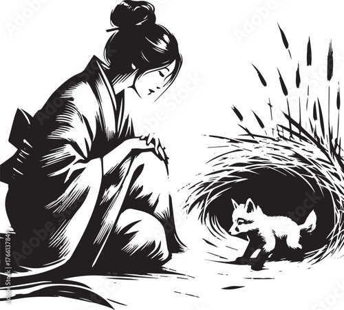 Sumi-e illustration featuring a woman watching a fox pup emerging from its den