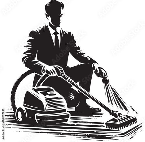 Stylized Illustration: Man in Suit Deep Cleaning Carpet with Extractor