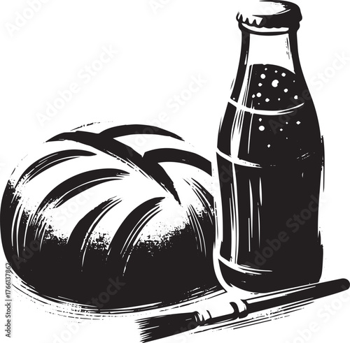 Monochrome depiction soda bread and drink with ink brush aesthetic