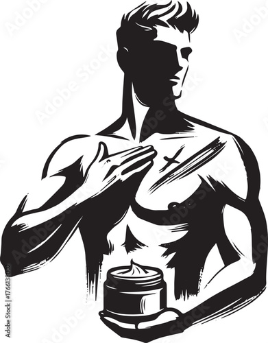 Minimalist body care illustration: A man applies moisturizer with brush strokes