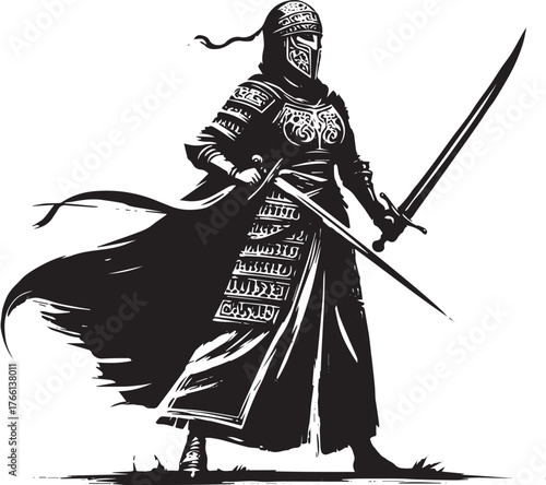Saracen Female Warrior Standing Strong with Two Swords in Sumi-e Style