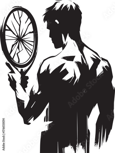 Monochrome brushwork of a man contemplating a fragmented reflection