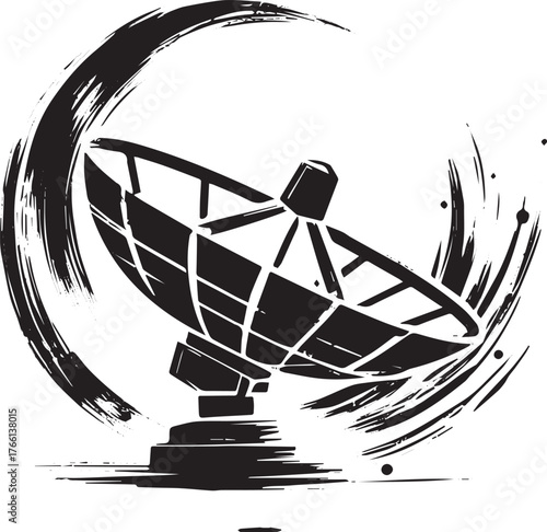 Abstract sumi-e art illustration of satellite dish with expressive brushstrokes